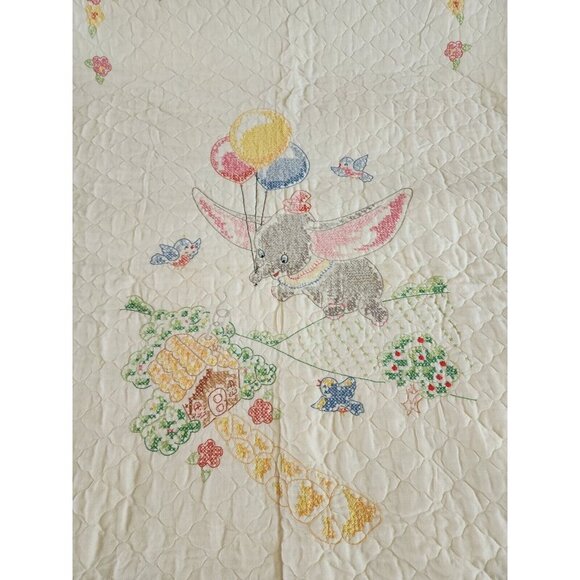 Vintage Cross Stitch Baby Crib Blanket Disney Dumbo The Elephant - Picture 2 of 7